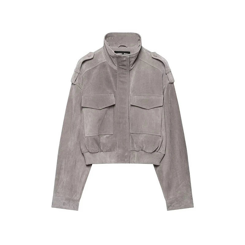 Women's Jacket Polyester Plaid Loose Stand Collar Full-Zip Full-Sleeve Casual Autumn Outerwear