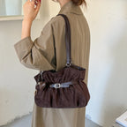 Women's Shoulder Bag Vintage Ruched PU Leather Zipper Tote Bag with Phone Pocket & Charm
