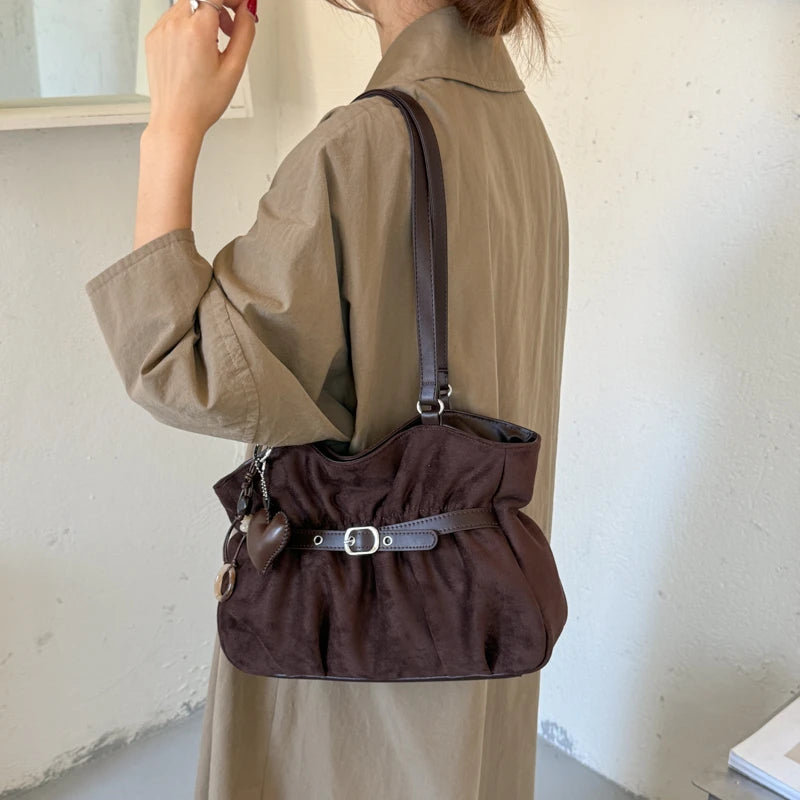 Women's Shoulder Bag Vintage Ruched PU Leather Zipper Tote Bag with Phone Pocket & Charm