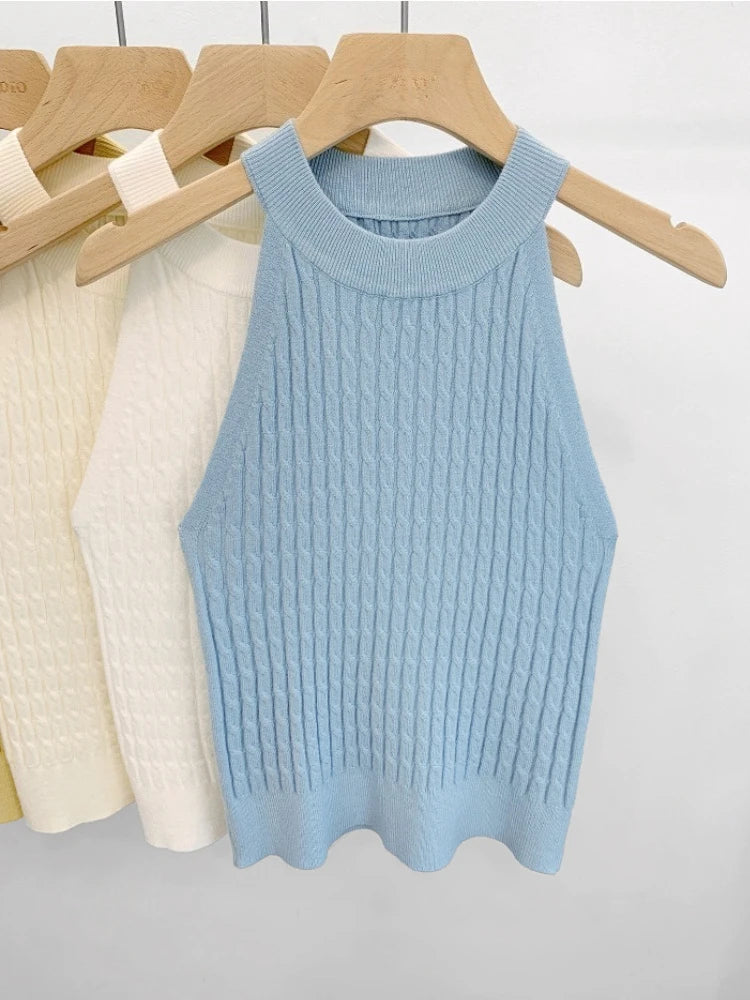 Women's Knitted Halter Camisole Slim Fit Sleeveless Base Tank Tops Solid Crop Tops