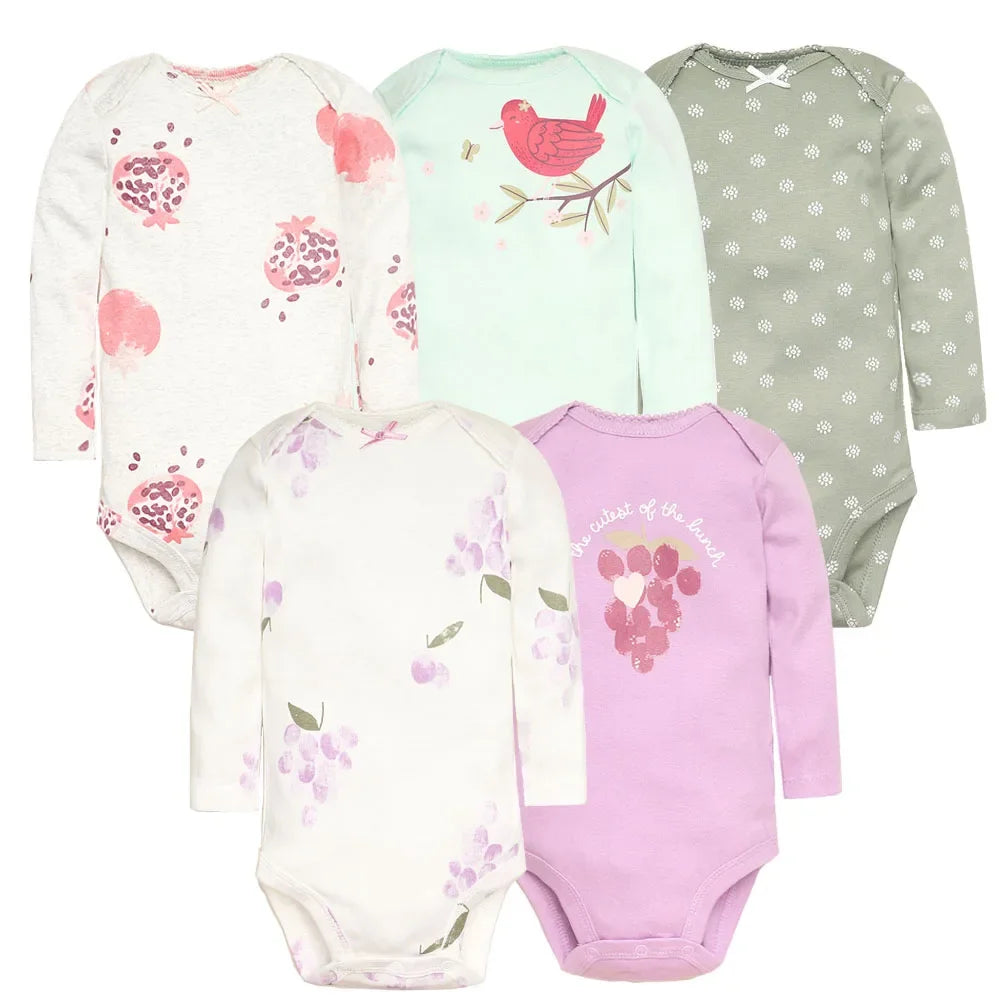 Botanical nature-themed set of five long-sleeve baby bodysuits with pink pomegranate, mint red bird, olive floral dots, cream