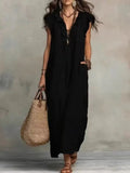 Summer Women Boho Maxi Dress Ruffle V Neck Sleeveless Loose Long Dresses With Pockets Casual Beach