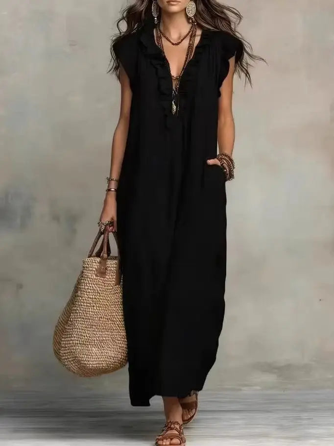 Summer Women Boho Maxi Dress Ruffle V Neck Sleeveless Loose Long Dresses With Pockets Casual Beach