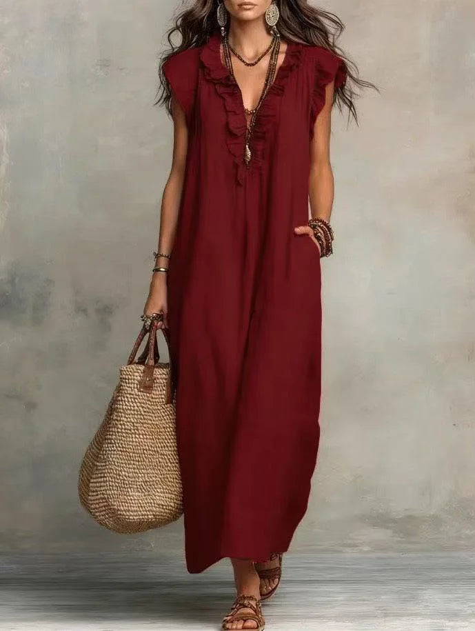 Boho Maxi Dress with Pockets – Ruffle V-Neck Sleeveless Beach Dress