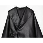 Women's Jacket Vintage Solid Faux Leather Belted Turn-Down Collar Full-Sleeve Short Loose Thick Outerwear Coat