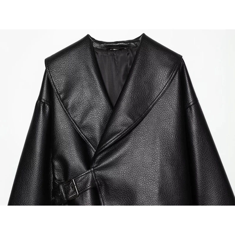 Women's Jacket Vintage Solid Faux Leather Belted Turn-Down Collar Full-Sleeve Short Loose Thick Outerwear Coat