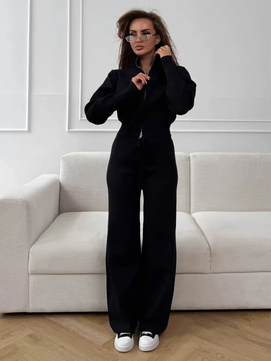 Women's Knit 2-Piece Set Zip-Up Stand Collar Cardigan Wide-Leg Ankle Pants Office Lady Autumn Winter Outfit