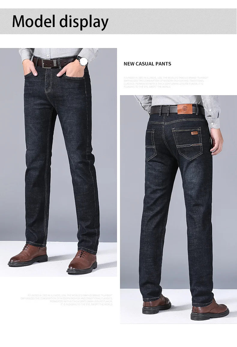 Men's Soft Straight Denim Pants Classic Business Black Biker Jeans Overalls Masculino Pantalone Hombre Mannen Homme