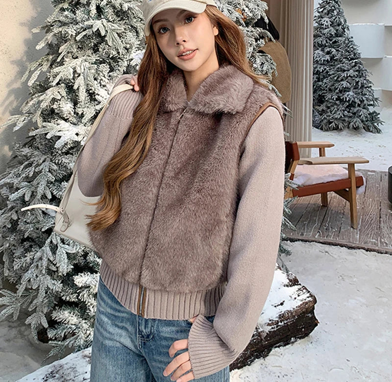 Women's Cropped Faux Fur Jacket with Ribbed Knit Sleeves