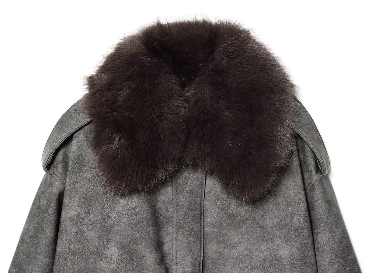 Women's  Faux Fur Collared Zip-Up Jacket with Pockets