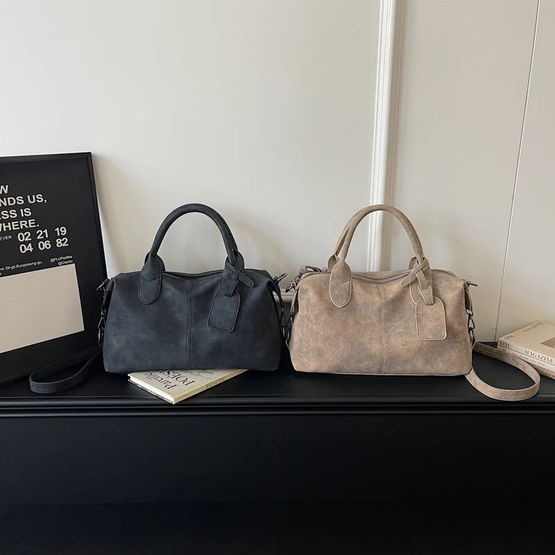 Women's Boston-Style PU Leather Shoulder Bag with Zipper
