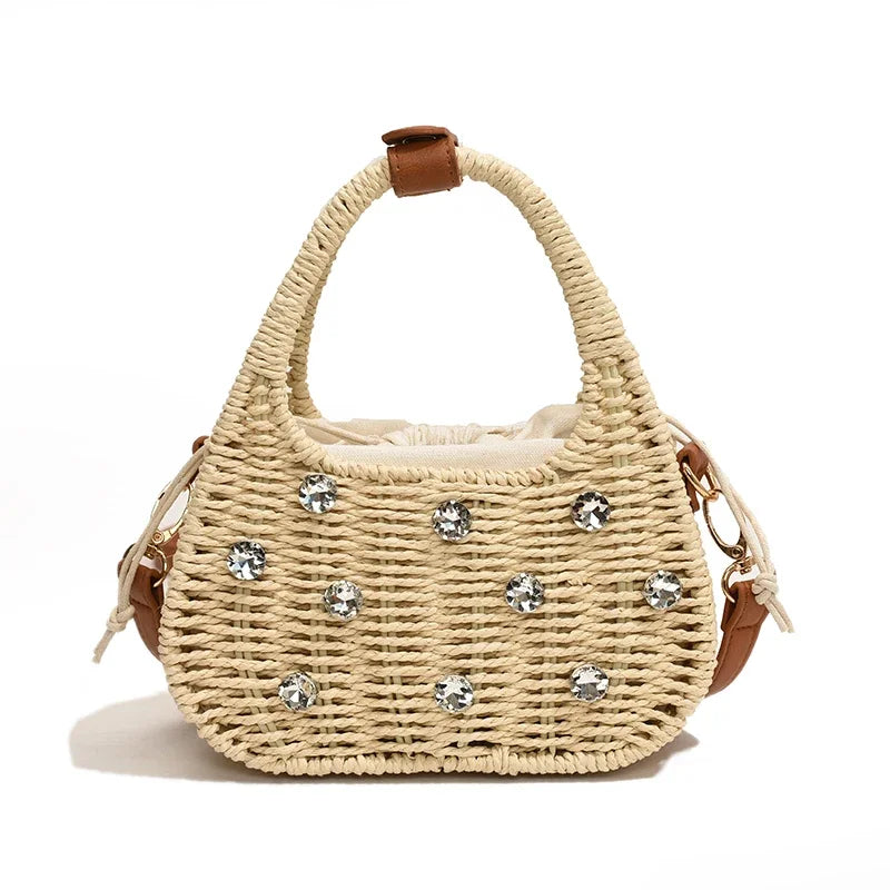 Mini Straw Tote Bags Women's Rhinestone Beaded Drawstring Crossbody Bags