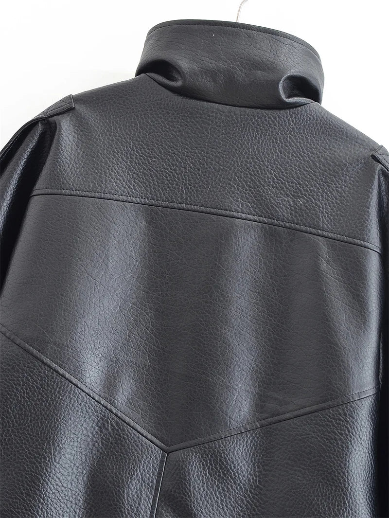 Women's Jacket Pebble Faux Leather Full-Sleeve Moto-Style Zipper Casual Coat