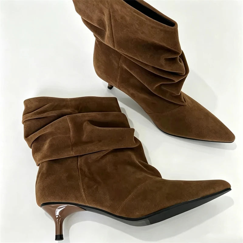 Women's Brown Faux Suede Ruched Kitten Heel Ankle Boots