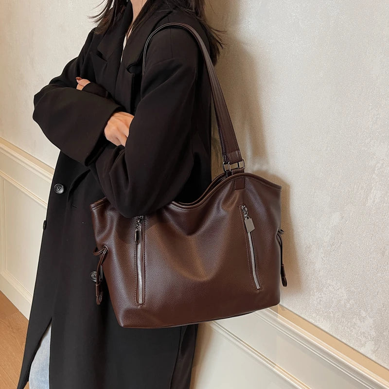 Large Leather Shoulder Bags Soft Women Zipper Outer Pockets Tote Handbags