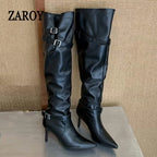 Women's Black Buckle Knee-High Boots with Stiletto Heels