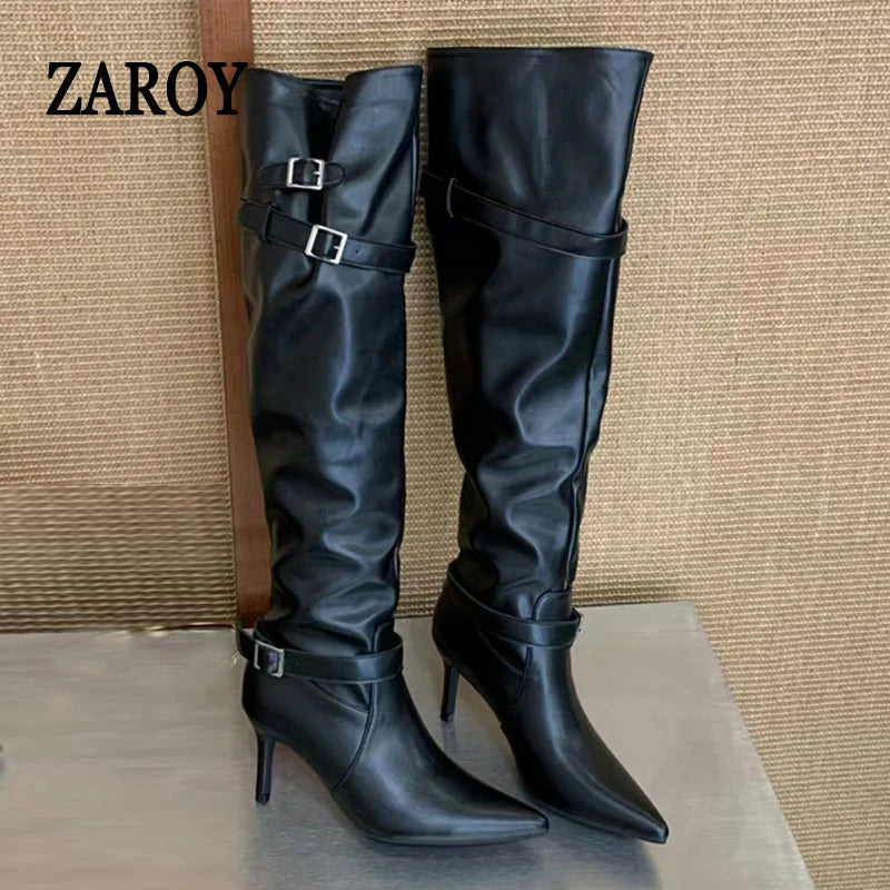 Women's Black Buckle Knee-High Boots with Stiletto Heels