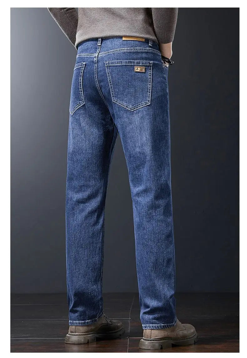 Men's Soft Stretch Straight Jeans Business Casual Slim Fit Wash Denim Pants Korean Fashion Blue Gray Male Brand Trousers