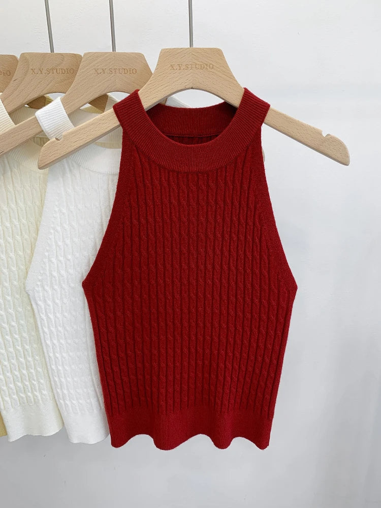 Women's Knitted Halter Camisole Slim Fit Sleeveless Base Tank Tops Solid Crop Tops