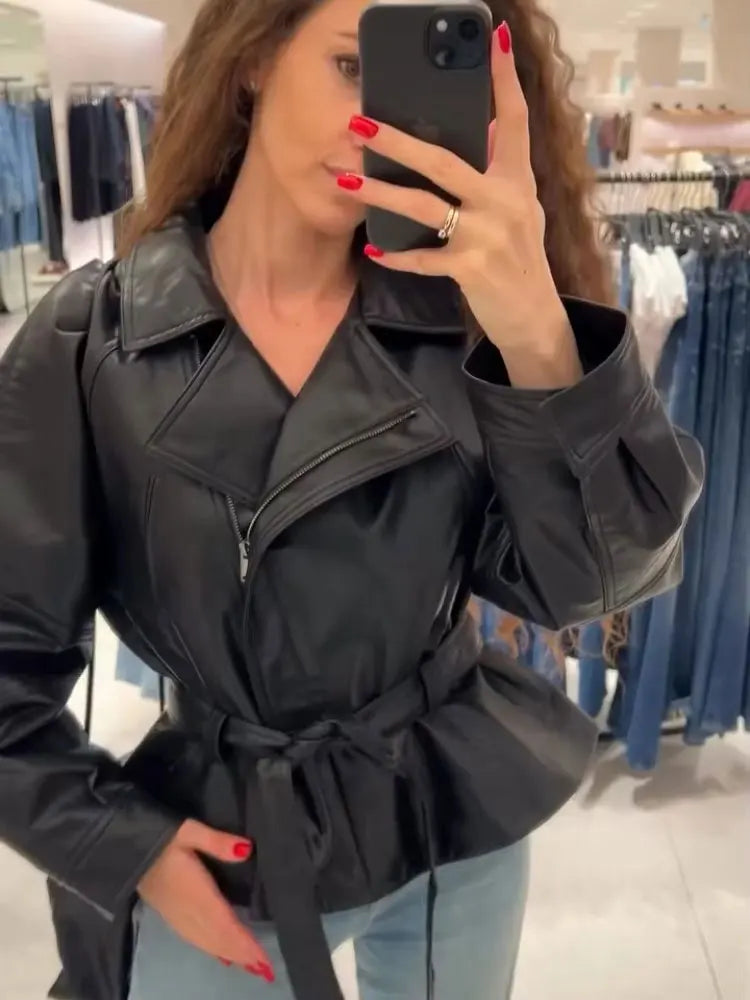 Women's Jacket Vintage Faux Leather Belted Turn-Down Lapel Full-Zip Full-Sleeve Short Motorcycle Coat