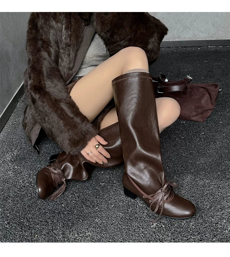 Women's Knee-High Block Heel Boots with Lace-Up Detail
