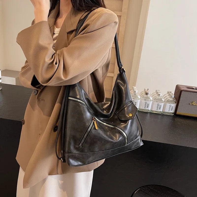 Large Leather Shoulder Bags Irregular Zip Outer Pockets Women Soft Handbags