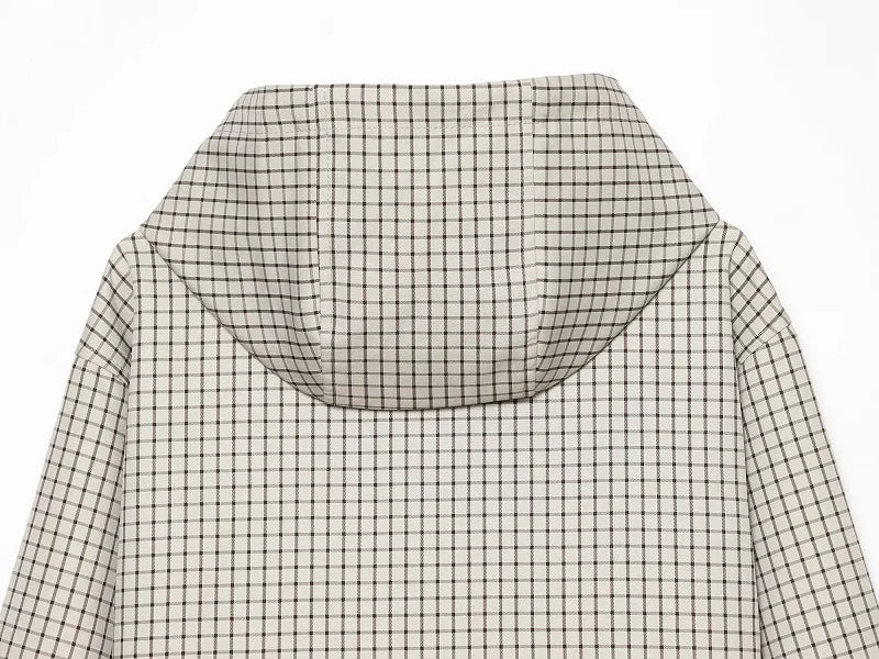 Women's Jacket Plaid Hooded Full-Zip Loose Turn-Down Collar Full-Sleeve Varsity Bomber Coat