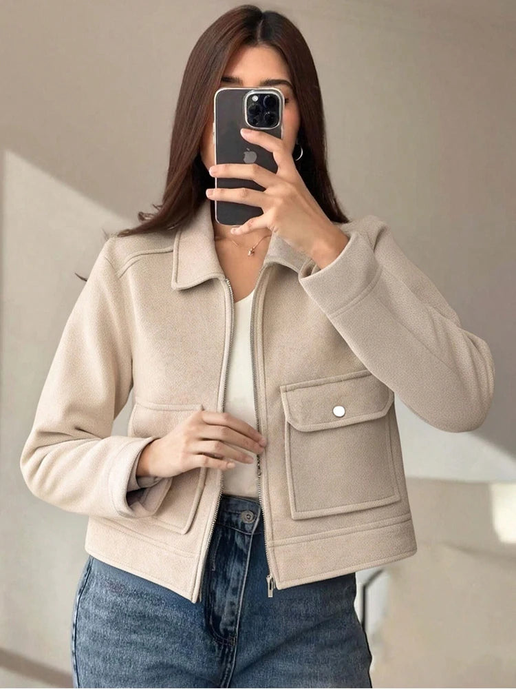 Women's Zipper Jacket Coat Winter Long Sleeve Pocket Outerwear Coat Short Street Elegant
