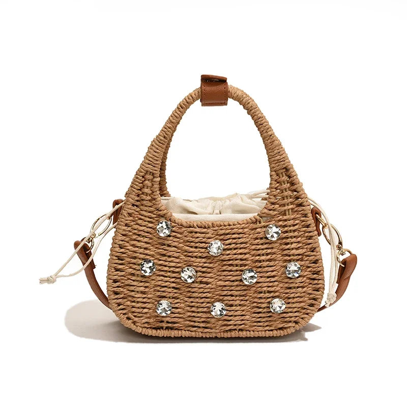 Mini Straw Tote Bags Women's Rhinestone Beaded Drawstring Crossbody Bags