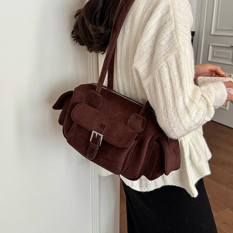 Women's Shoulder Bag Vintage Faux-Suede Baguette Zipper Underarm Bag with Phone Pocket