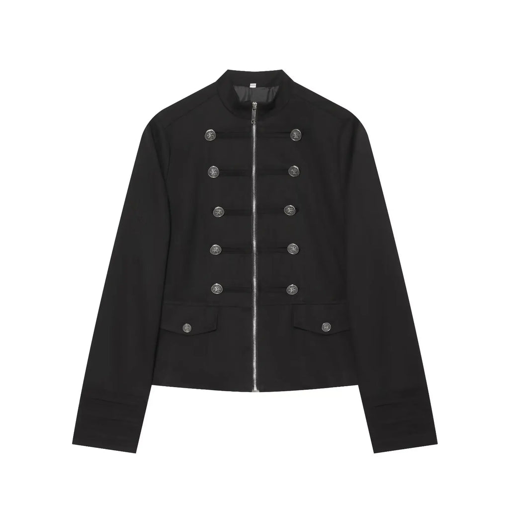 Casaco Feminino Estilo Militar com Fecho e Detalhes de Botões