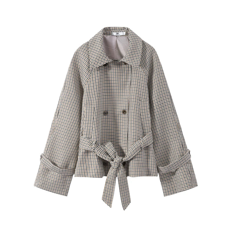 Women's Jacket Polyester Plaid Loose Stand Collar Full-Zip Full-Sleeve Casual Autumn Outerwear