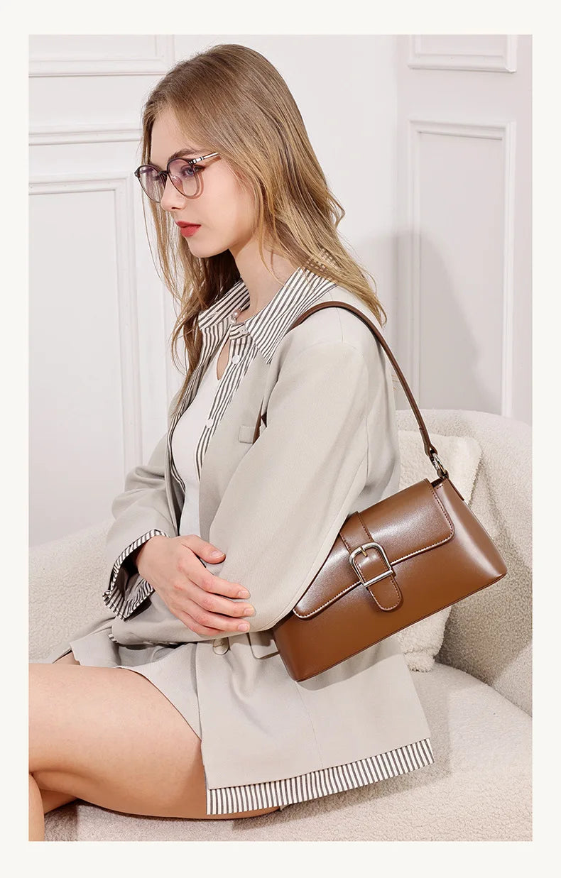 Women's Genuine Leather Baguette Shoulder Bag – Vintage Cowhide Crossbody