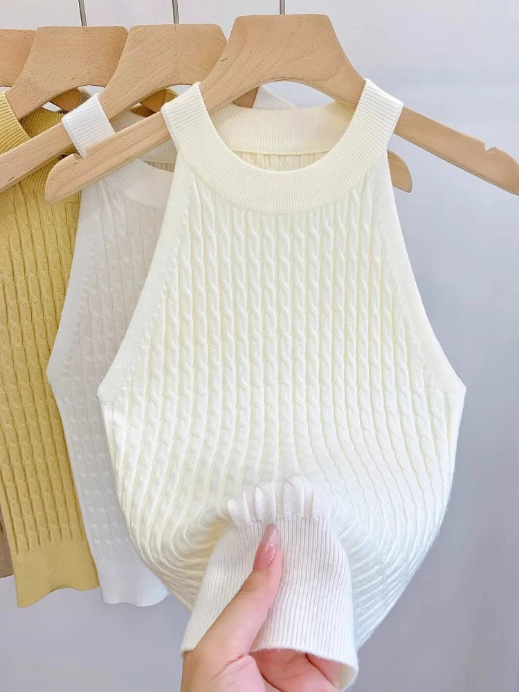 Women's Knitted Halter Camisole Slim Fit Sleeveless Base Tank Tops Solid Crop Tops