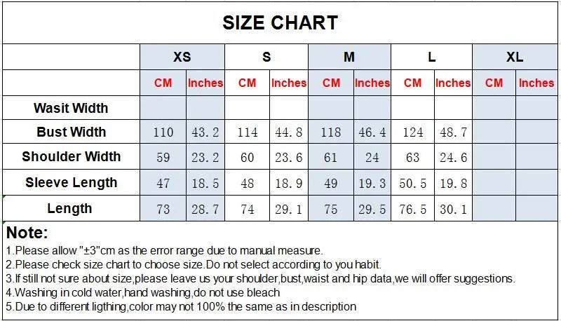 Tabella taglie che mostra misure busto, spalle e lunghezza in cm e pollici per XS-XL