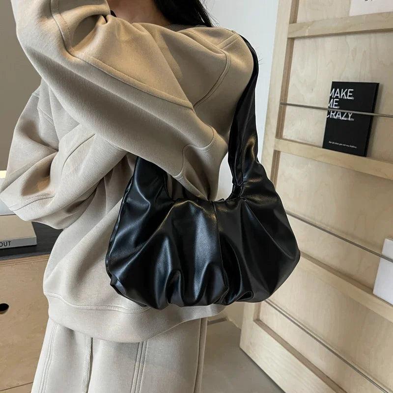 Medium Hobo Bags Soft Leather Women Zipper Pleated Shoulder Bags