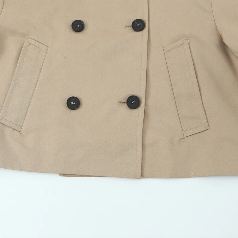 Women's Coat Double-Breasted Short Trench Jacket Vintage Notched-Collar Wide-Waist Long-Sleeve Woven Coat in Khaki