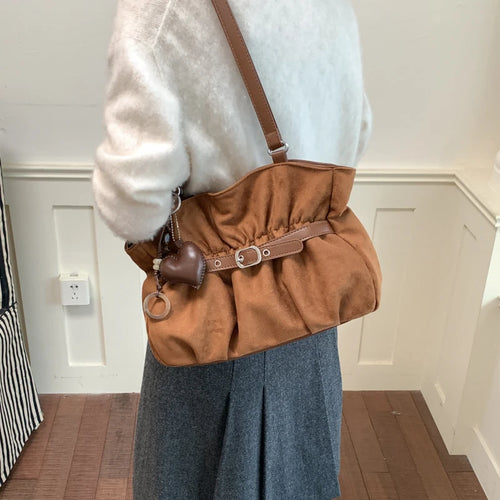 Women's Shoulder Bag Vintage Ruched PU Leather Zipper Tote Bag with Phone Pocket & Charm