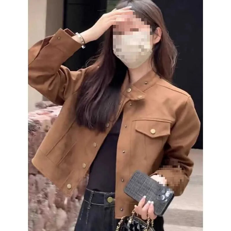 Womens Casual Autumn Suede Jacket Long Sleeve Fashion Outwear Coat