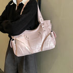 Women's PU Leather Hobo Shoulder Bag - Silver Stud Rivet Detail, Adjustable Strap