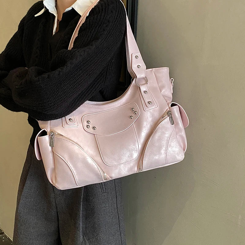 Women's PU Leather Hobo Shoulder Bag - Silver Stud Rivet Detail, Adjustable Strap