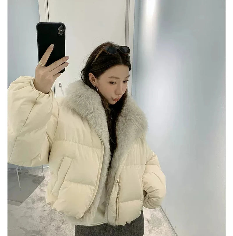 Women's Cropped Puffer Jacket with Faux Fur Collar