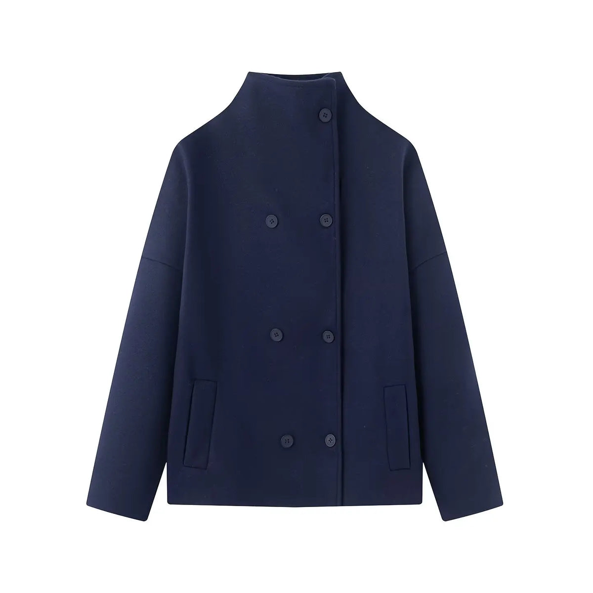 Women's High-Neck Double-Breasted Jacket with Pockets
