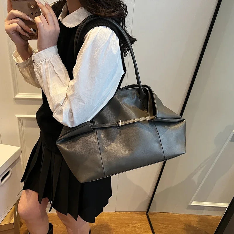 Large Tote Bags Women's Soft PU Leather Belt Lock Snap Handbags