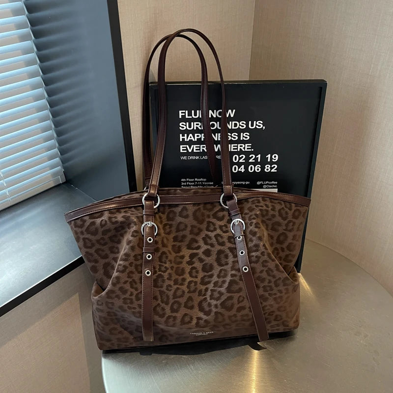 Vintage Leopard Tote Shoulder Bag – Large Capacity Handbag