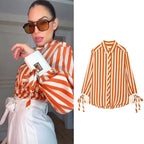 Women's Shirt 2026 Fashion Bow-tie Striped Top Long Sleeve Elegance Chic Daily