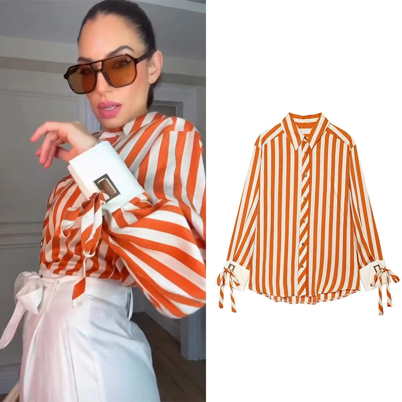 Women's Shirt 2026 Fashion Bow-tie Striped Top Long Sleeve Elegance Chic Daily