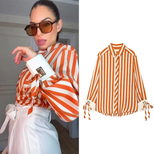 Women's Shirt 2026 Fashion Bow-tie Striped Top Long Sleeve Elegance Chic Daily
