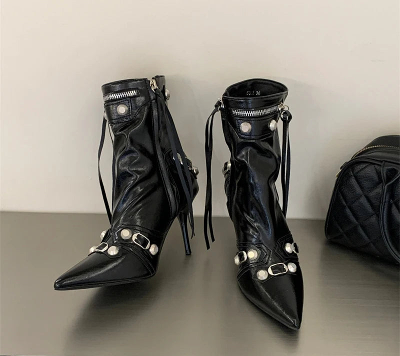 Women's Studded Pointed-Toe Ankle Boots with Kitten Heels