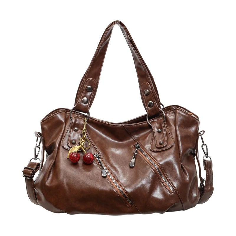 Women's Faux Leather Tote Shoulder Bag with Charm